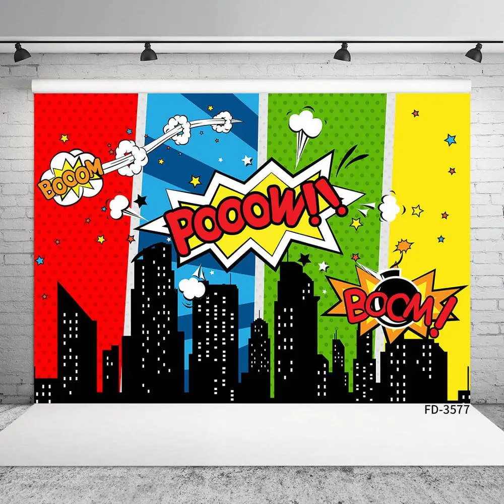 

Superhero City Comic Photo Backdrop Birthday Photography Backgrounds for Children Baby Boys Party Banner Decor for Youtube Video