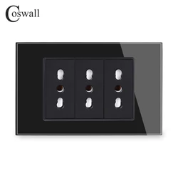 Coswall Black Tempered Glass Panel Wall Power Socket Universal EU / Italian / Chile Outlet With Children Protective Door