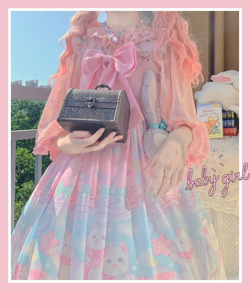 Japanese sweet lolita  strap dress vintage bowknot lace printing high waist princess victorian dress kawaii girl gothic lolita