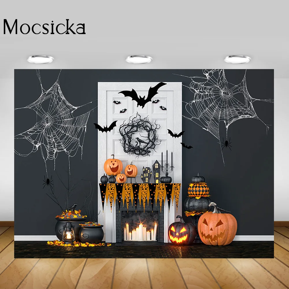 Halloween Night Party Backdrop Decorations Spider Web Fireplace Halloween Portrait Background Pumpkin Lantern Birthday Photocall