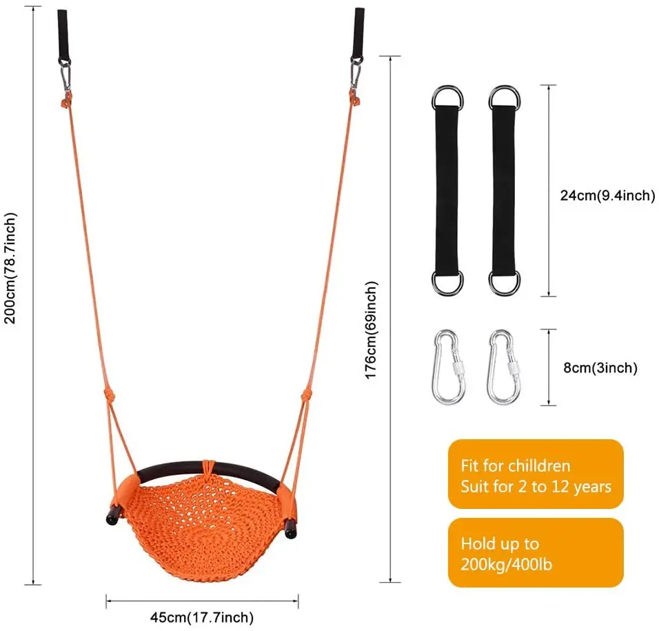 Cuerda de columpio para niños, juego de columpio seguro para interiores/exteriores, asiento de columpio pesado con ganchos a presión y correas de columpio