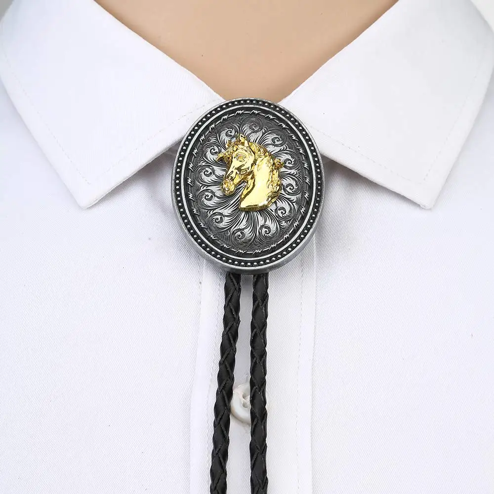 vintage round gold horse head bolo tie for man Indian cowboy western cowgirl leather rope zinc alloy necktie