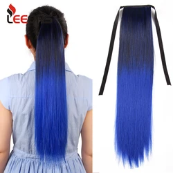 Leeons cabelo sintético rabo de cavalo longo em linha reta em torno do grampo em rabo de cavalo extensão do cabelo ombre azul cabelo cosplay festa rabo de cavalo