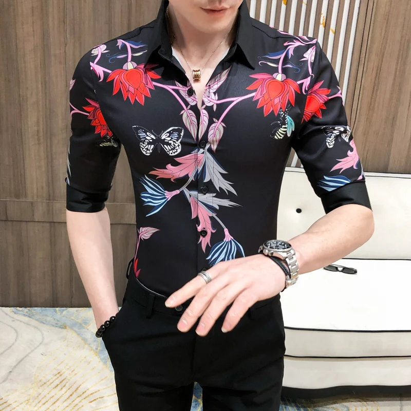 

Slim 2020 Summer Fit Half Sleeve Tuxedo Shirt Men Top Quality Men Shirt Fashion Print Night Club Social Shirts Mens 4XL-M