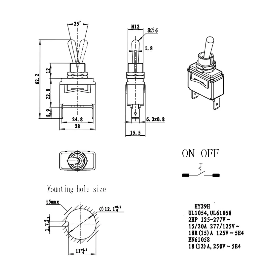 KEDU HY29H تبديل التبديل مع غطاء حماية السيليكون ON-OFF SPST 2HP 20/15A 125/277V 18R(15)A 125V 18(12)A 250V 5E4 CE #6