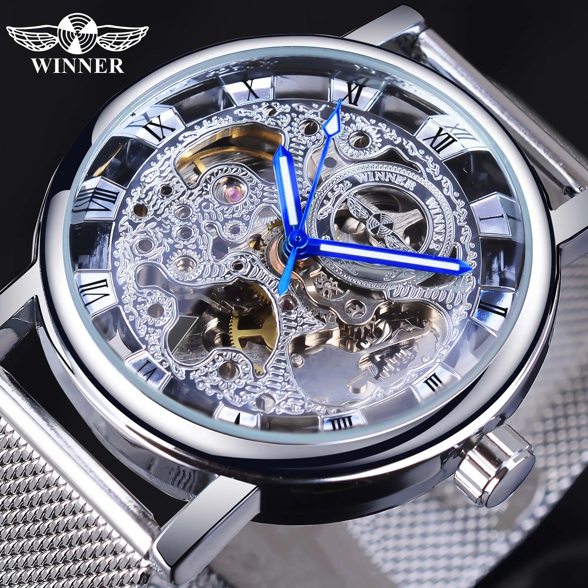 

Winner Roman Analog Silver Skeleton Dial Watch Top Brand Luxury Automatic Mechanical Sport Watch Luminous Hand Mesh Band Clock