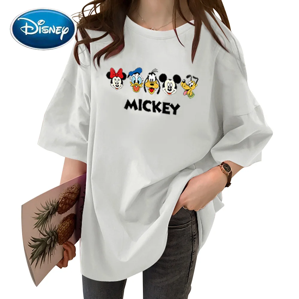 Disney T-Shirt Fashion Donald Duck Minnie Mickey Mouse Goofy Pluto Letter Cartoon Print Cute Women Short Sleeve Tee Tops 5 Color