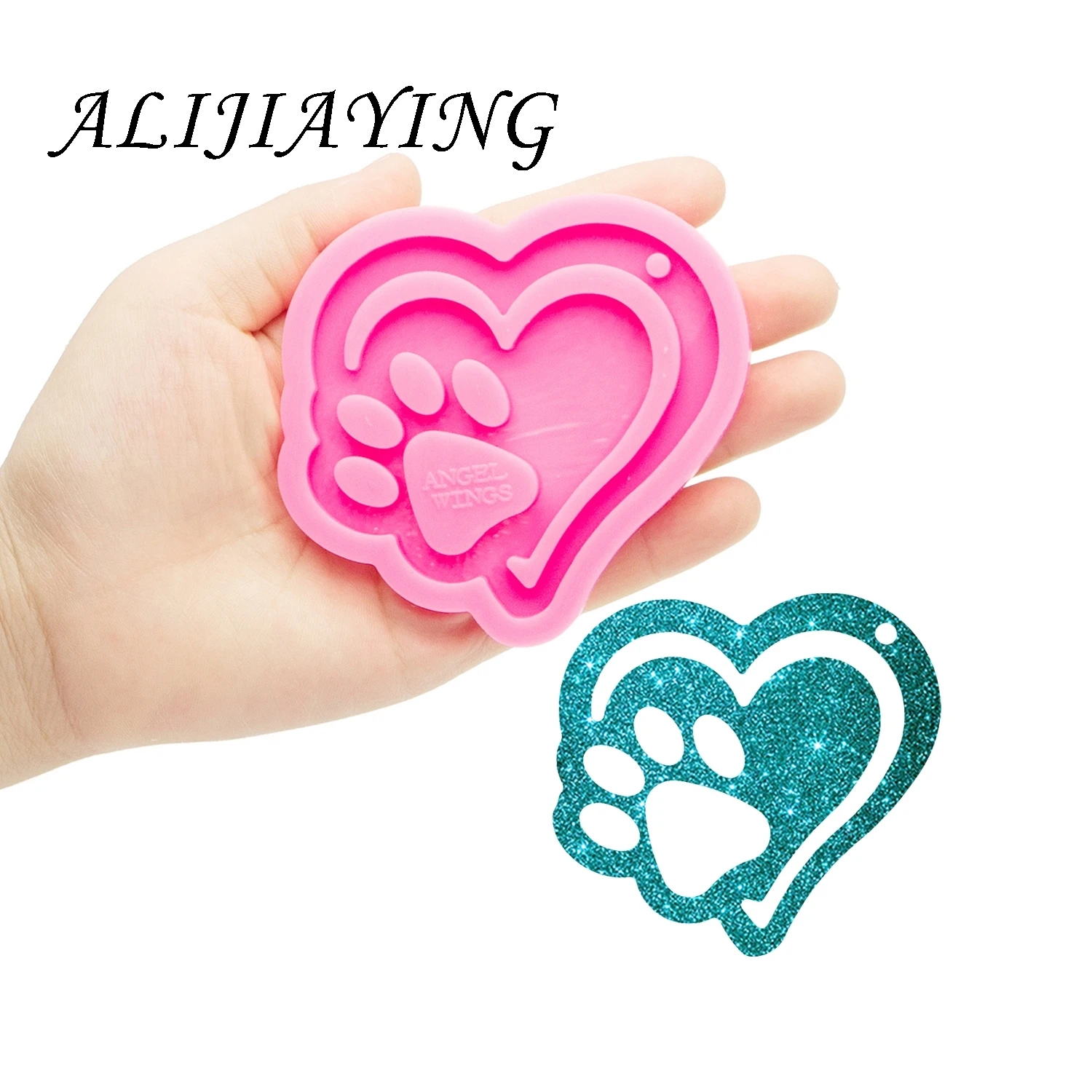 Shine Inside Resin Mold Heart with paw Keychain Silicone Moulds DIY Puzzle Epoxy Resin Necklace Jewellery Making DY0592