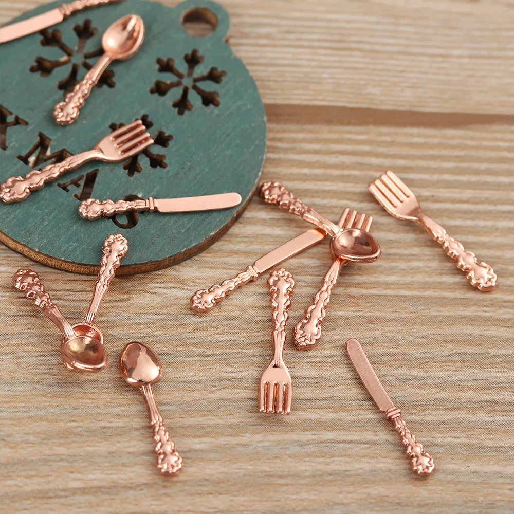 12Pcs Dollhouse Toy Furniture Gold Silver 1:12 Scale Simulation Mini Cutlery Doll Accessory Fork Knife Spoon Miniature Tableware