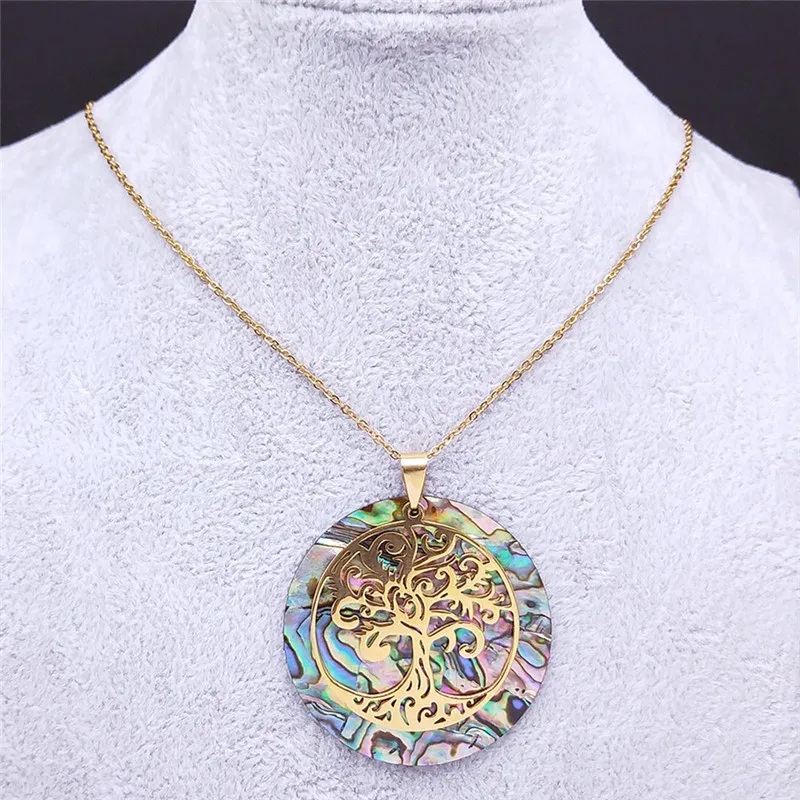 Abalone Shell Paper Stainless Steel Bohemia Tree of Life Necklace Women/Men Gold Color Necklace Jewelry arbre de vie 830