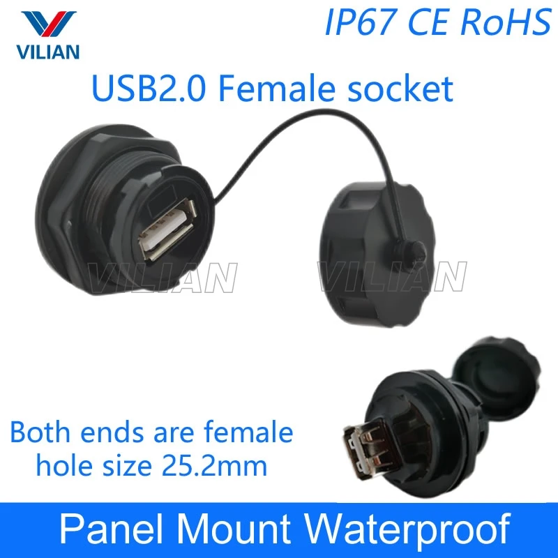 USB female socket plug Panel Mount adapter USB 2.0 USB 3.0 Waterproof Connector IP67 extension cord connector With cap 10 units