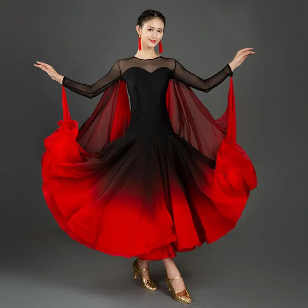 

Ballroom Dance Competition Dresses Standard Performance Costumes Stage Wear Women Mesh Sleeves Evening Party Gown