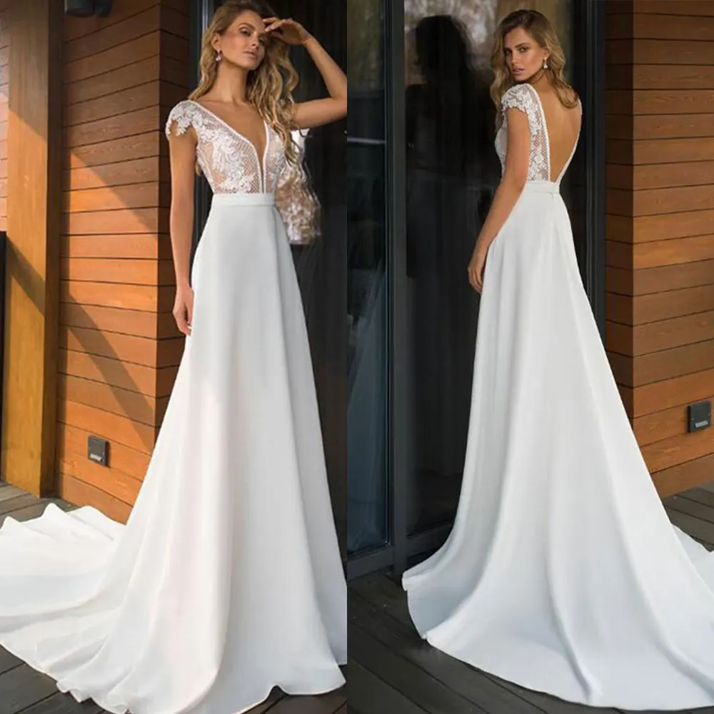 Elegante abito da sposa Boho una linea abito da sposa in pizzo Chiffon estivo Sexy scollo A V profondo Backless Vintage Robe De Mariee su misura