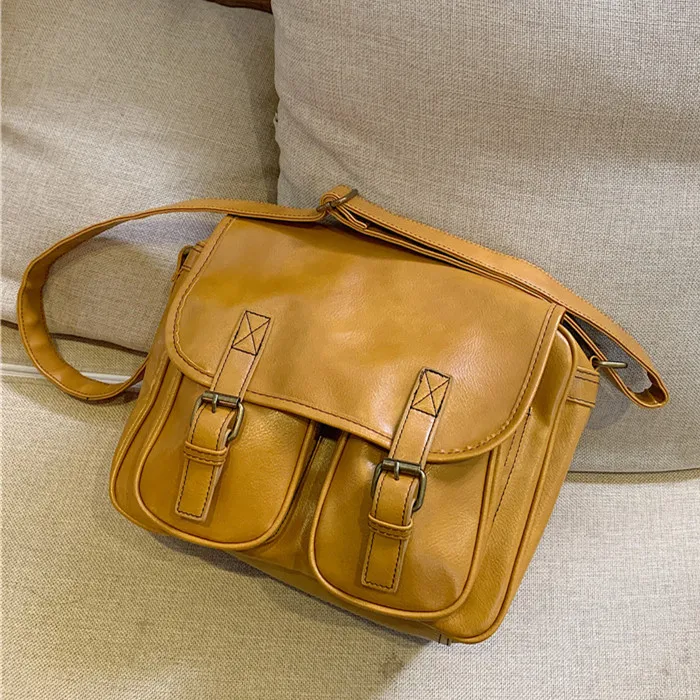 Vintage women Messenger bag Large capacity oil wax leather female shoulder bag ladies crossbody bag Casual big handbag yellow