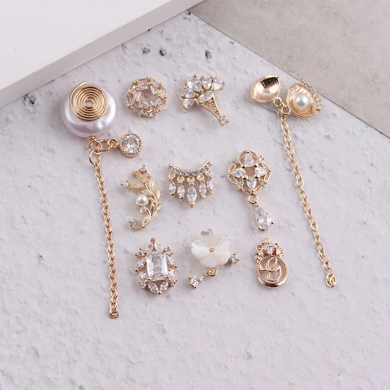 10pcs/lot Flower Shell Chain Alloy Nail Art Zircon Pearl Metal Manicure Nails Accesorios Supplies DIY Nail Decorations Charms