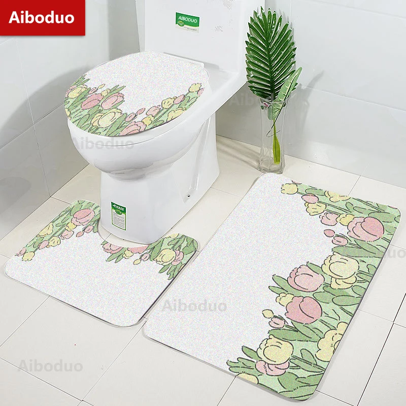 

Aiboduo Non Slip 3pcs/set Toilet Lid Cover Set 40*60/50*80cm Tulip Absorbent Carpet BathMat Restroom Rug Warm Home Decoration