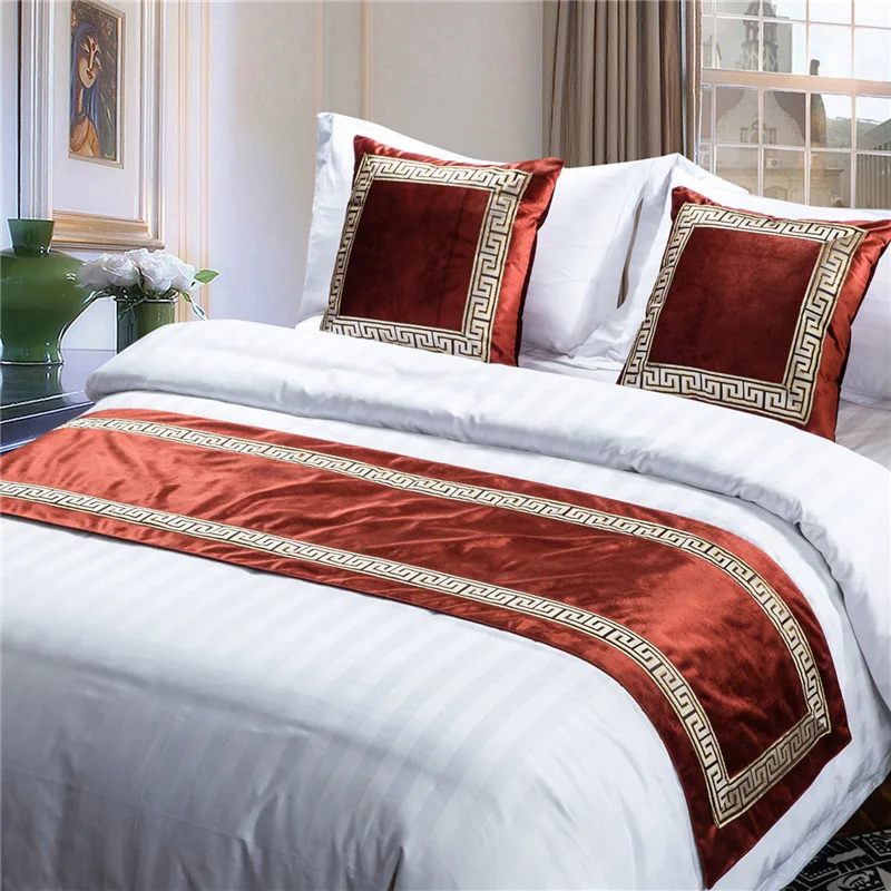 High-grade Pure Color Embroidery Bed Runners New Chinese Style Velvet Throw Runners Golden Red Bed Flag Covers Pillowcases