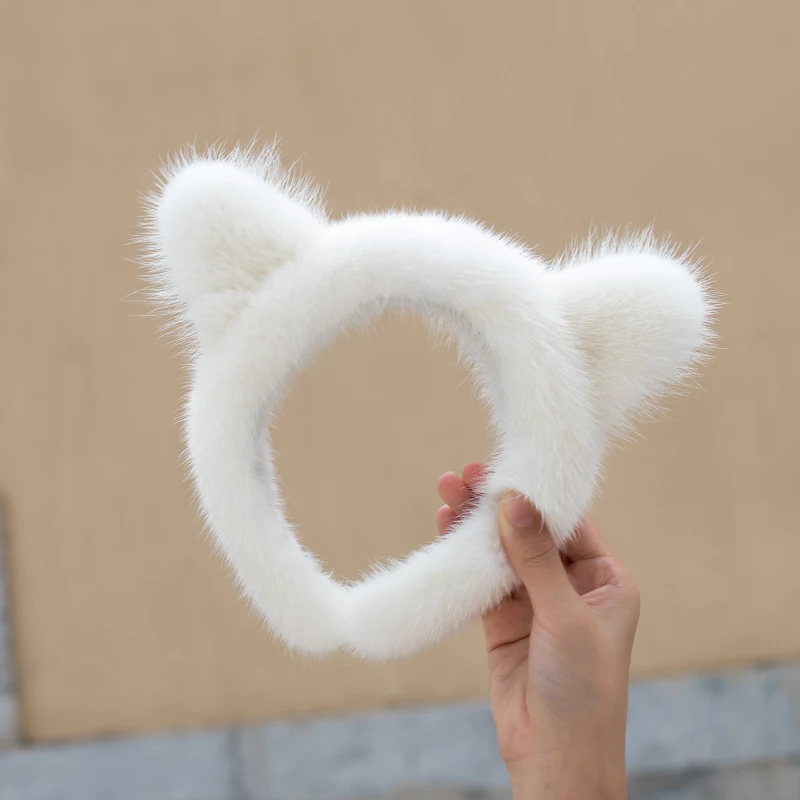 Real Mink fur Cat Ear Headband Fluffy Hoop Wide Hair Accessories Cute Women Winter Gift 7 Colors