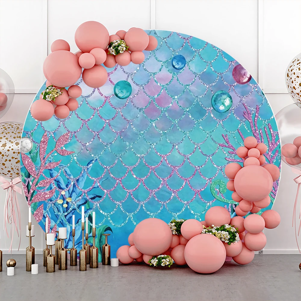 Laeacco Mermaid Fish Birthday Party Coral Shell Customized Round Circle Backgrounds Photographic Backdrop Photocall Photo Studio