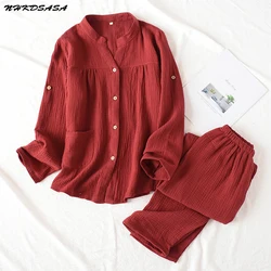 Crepe V-neck Pajamas Suit Women Cotton Autumn Thin Gauze Small Stand Collar Long-Sleeved Trousers Korean Leisure Home Service