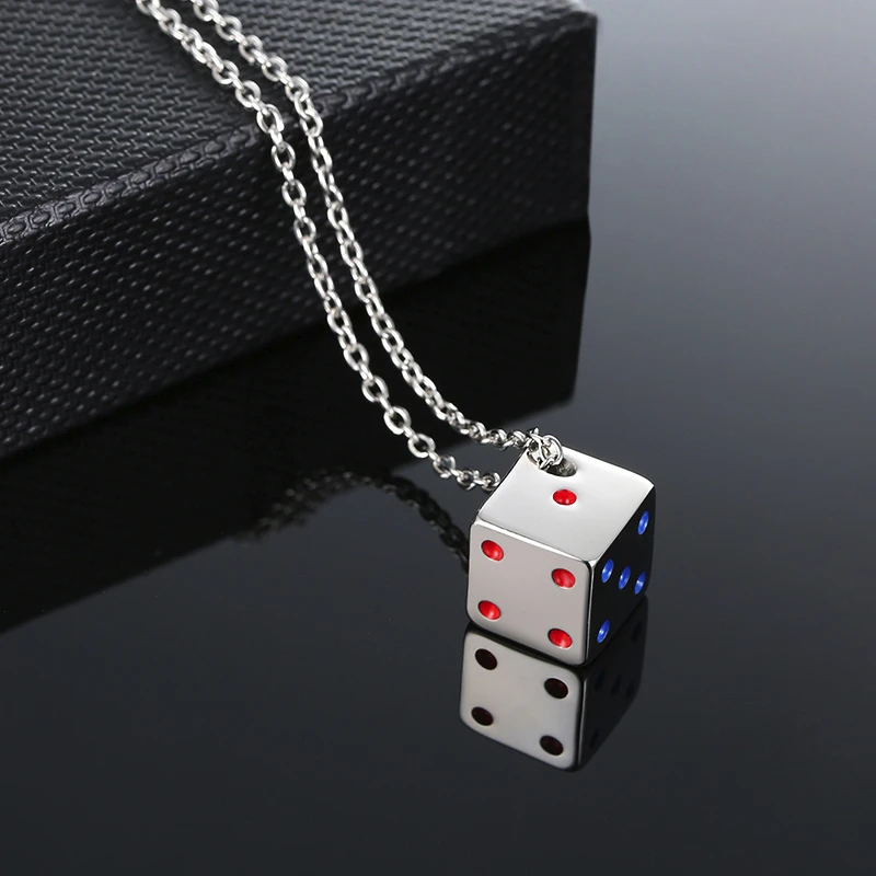 DICE ROLL SILVER COLOR GAMBLERS NECKLACE STAINLESS STEEL FEELING LUCKY SQUARE DICES PENDANT FOR MEN