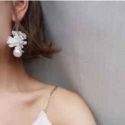 2024 Elegant Korean Personality Weave Lace Bow Handmade Earrings Big Simulated Pearl Boucle D'oreille Femme Pendante