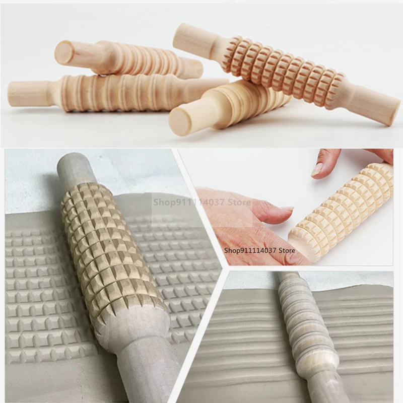 Pottery Clay Wood Texture Rolling Pin Pressed Printing Striped Lattice Embossed Tools Mud Roller DIY Pottery Tools