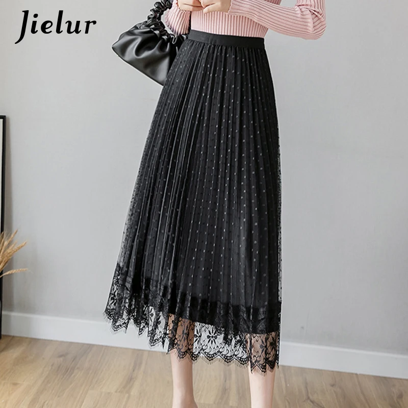 Jielur Autumn Winter Women Skirt Dual-use Slim High Waist Pleated Skirts Womens Chic Korean High Waist Lace Skirt Saia Faldas