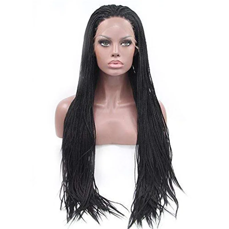 Black Braided Wigs for Black Women Long Synthetic Lace Front Wigs with Baby Hair Long Black Micro Box Braid Glueless Hair Wigs