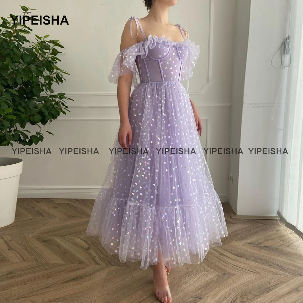 

Yipeisha Lavender Prom Dresses Printed Hearts Tea-length Spaghetti Straps Vestido de Festa Graduation Homecoming Party Gown