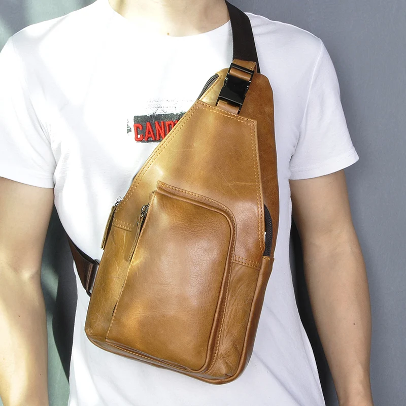 Men Crazy Horse Leather Casual Travel Chest Sling Bag Design Vintage One Shoulder Bag Cross-body Bag Day-pack For Male 8086