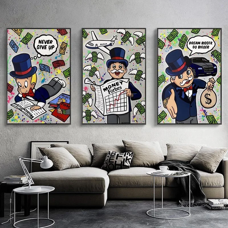 Graffiti Art Old Man and Kids Alec Monopoly Money Poster Painting Canvas Print Wall Art Picture for Living Room Home Decoration