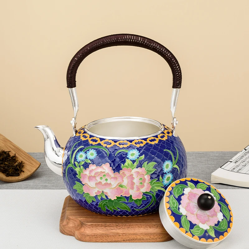 Pure Silver Tea Set 999 Cloisonne Silver Pot Pure Handmade Peony Chinese Palace Style Household Kettle