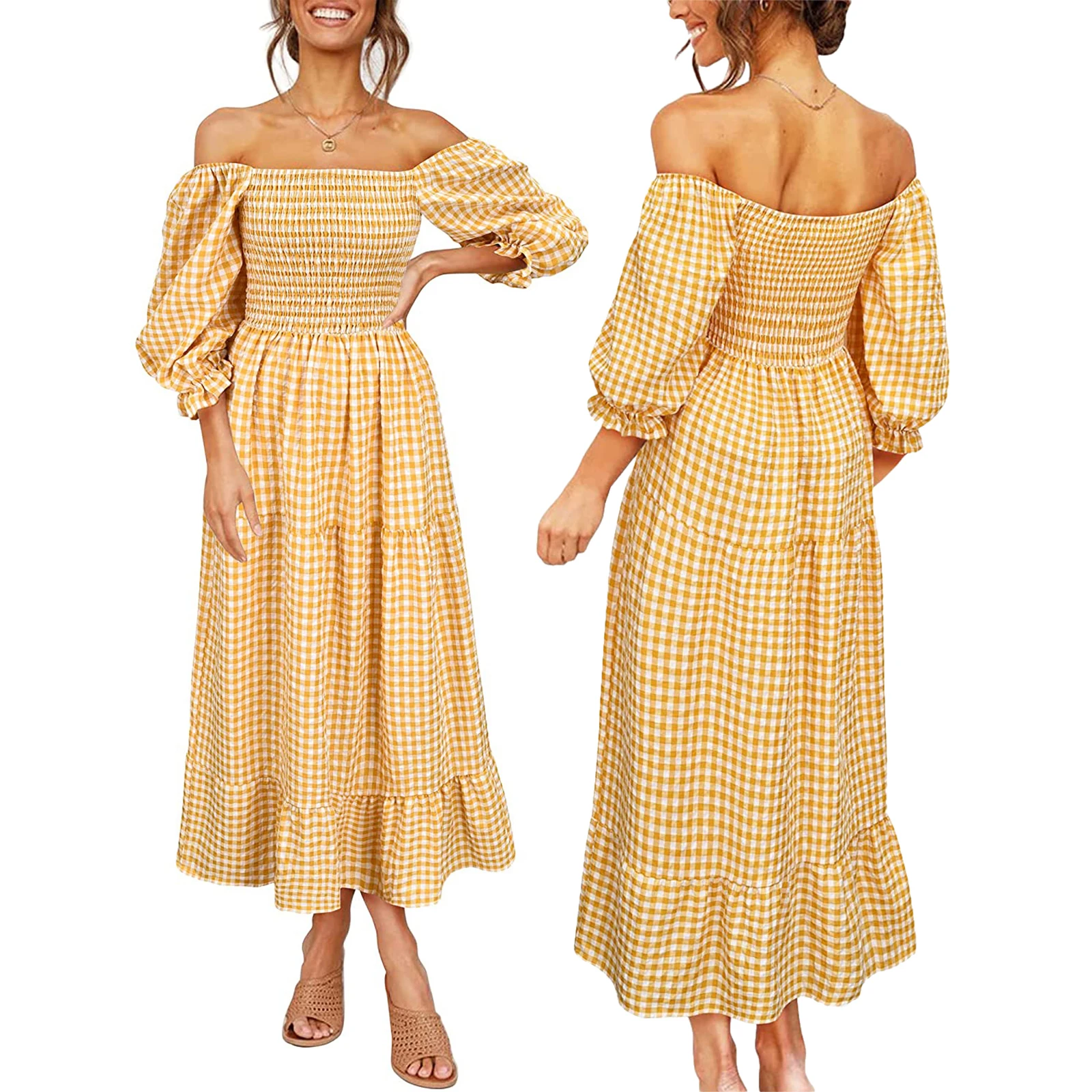 New Women's Casual Bohemian Three Quarter Spring Autumn Mid Length Dress Adult Off Shoulder Pleated Puff Seeve Plaid