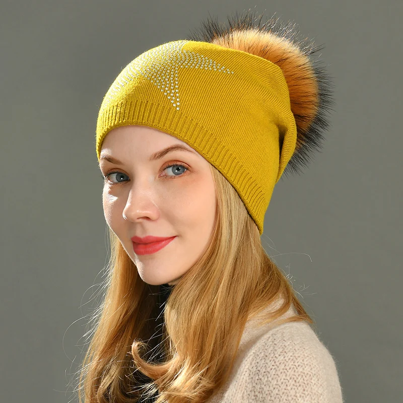 

Jxwatcher Wool Knitted Casual Beanies Real Raccoon Fur Pom Pom Hat Women Warm Female Cap With Rhinestone Ladies Winter Fur Hats