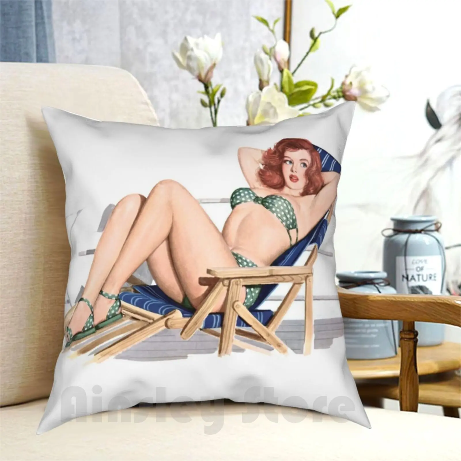 Sexy Redhead Pinup Girl In Bikini On Deck Chair Pillow Case Printed Home Soft Throw Pillow Pinup Girls Up Sexy Bikini