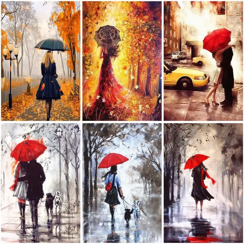 CHENISTORY Oil Painting By Numbers Street Landscape DIY Hand Painted Acrylic Drawing Canvas Gift Umbrella Girl Home Decoration W