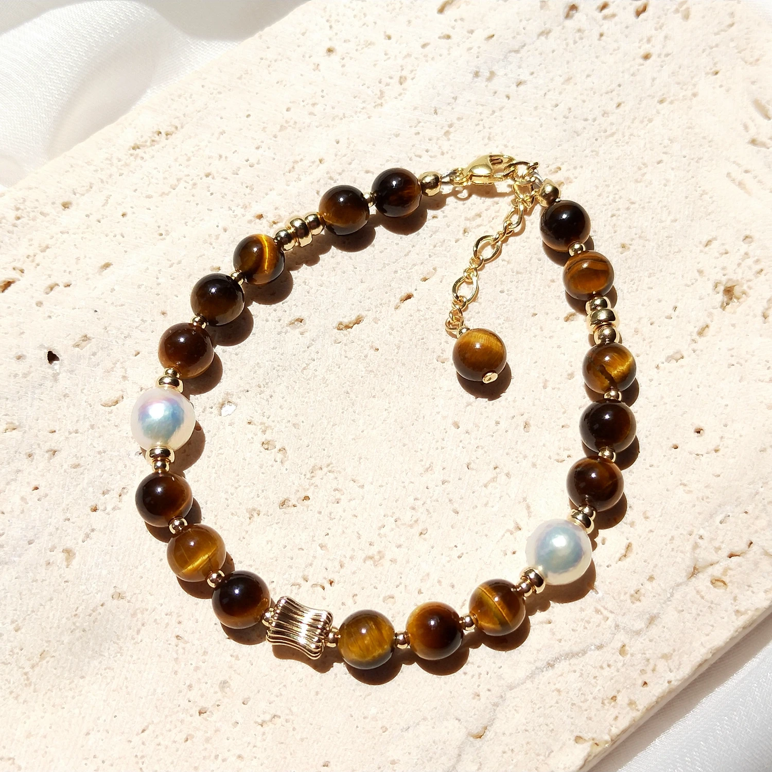 Lii Ji Tiger Eye 14K Gold Filled Bracelet Natural Stone 2mm/6mm Real Pearl Austria Crystal  Handmade Jewelry For Gift