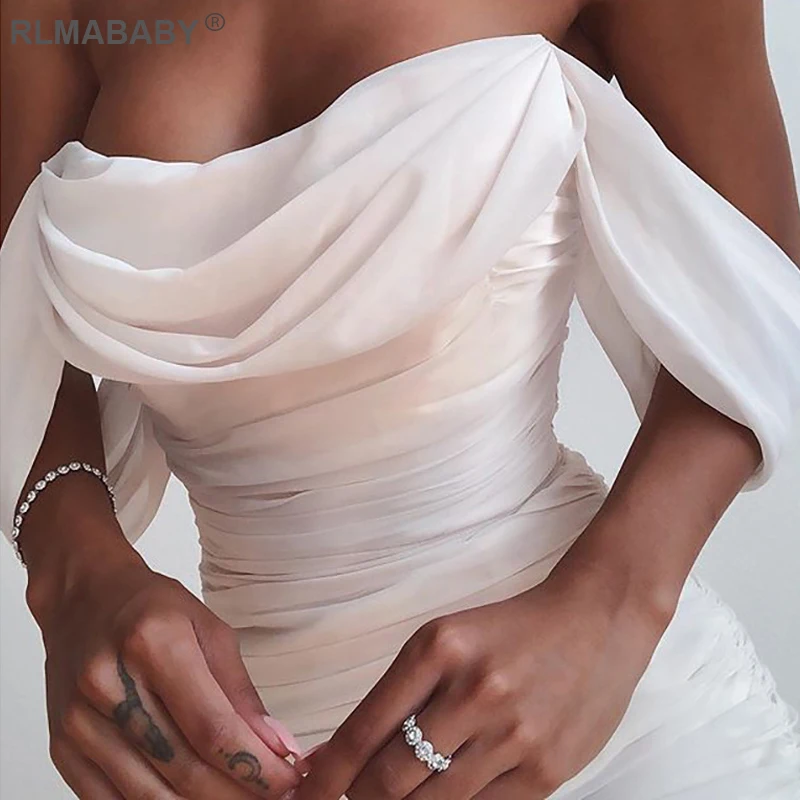 RLMABABY Sexy Strapless Pleated White Dress Women Casual Off Shoulder Bodycon White Dress Double Layer Ruched Club Party Dress