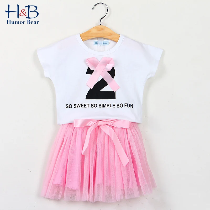 

Humor Bear Girls Clothes Set Summer NEW Short Sleeve Letter Printed T-Shirt +Mesh Yarn Skirt 2Pcs Cute Kids Clothes