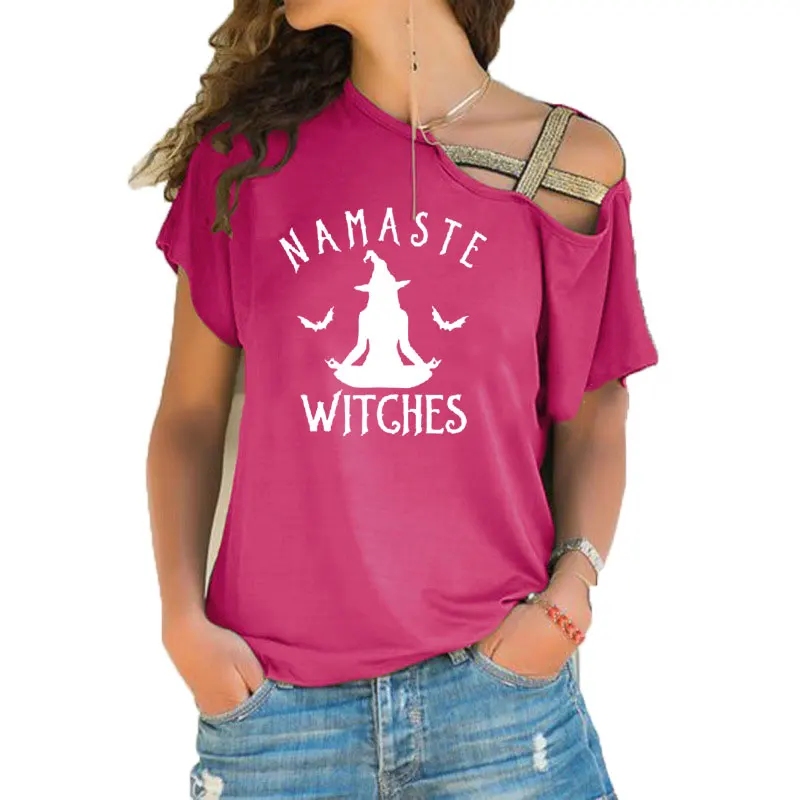 Namaste Witches T-shirt Halloween Funny Gift Tshirt Women Fashion Meditate Spooky Bat T Shirts Irregular Skew Cross Bandage Tops