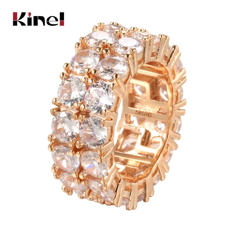 Kinel Classic HIP Hop Men's Ring 585 Rose Gold Double Row Micro-wax Inlay Natural Zircon Rings Grunge for Women Punk Jewelry