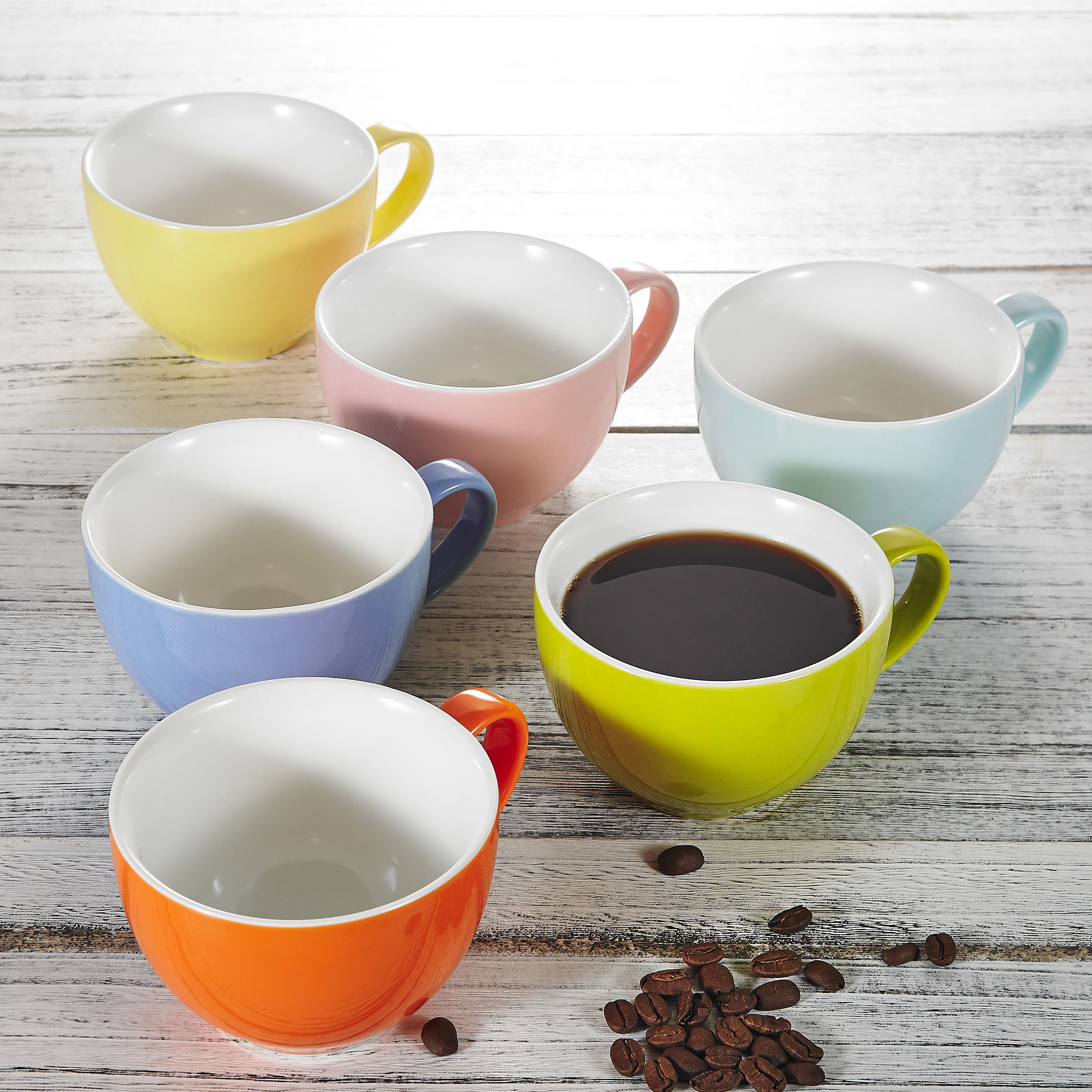 Panbado 6-Piece 6-Colors 375ML Porcelain Coffee Cup Set with Handle Ceramic Coffee Tea Milk Water Mug Set Drinkware Cup Gift Set