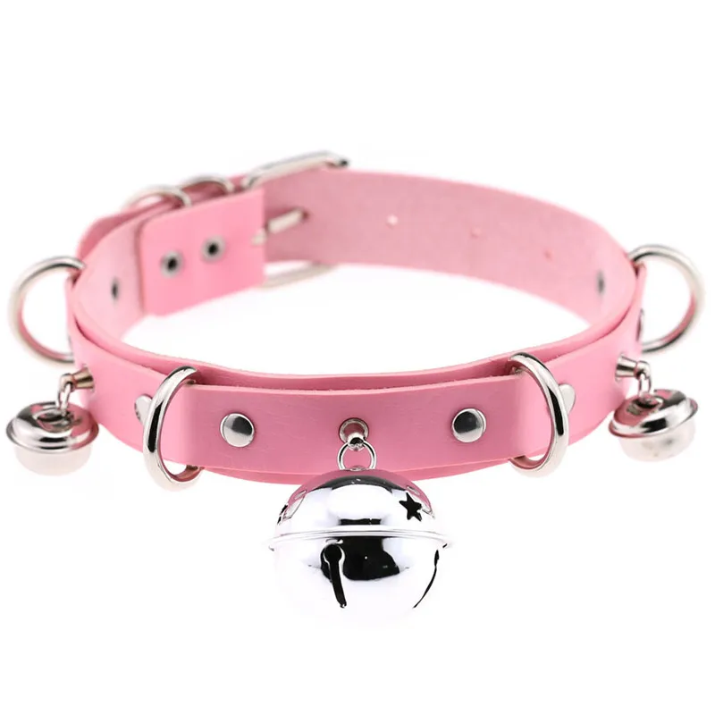 Pink Punk Sexy Handmade Gothic Choker Neck Trend Punk Leather Collar belt Necklace with Bells Club Party Goth Jewelry Wholesale