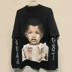 New Kanye West T-shirt Men Women Back House Graffiti Print Chicago Soldier Tees High Quality Fake Two Long Sleeve Tee Tops