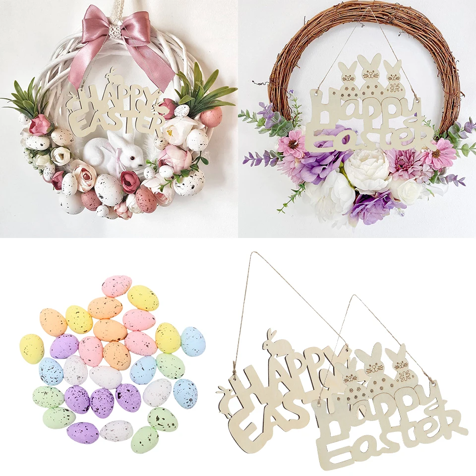 Easter Foam/Plastic Eggs DIY Rattan Wreath Happy Easter Wood Pendant Bunny Rabbit Colorful Wooden Hanging For Kids Party Decor