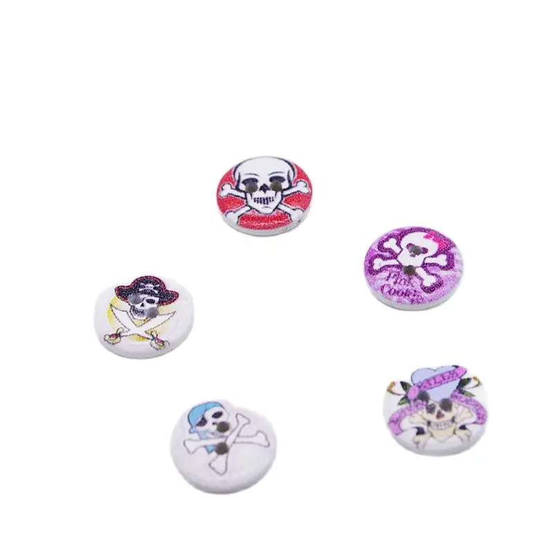 100pcs Mixed Color Printed Skull Wooden Buttons Round Handmade Craft Sewing Scrapbooking Decoration 2 Holes