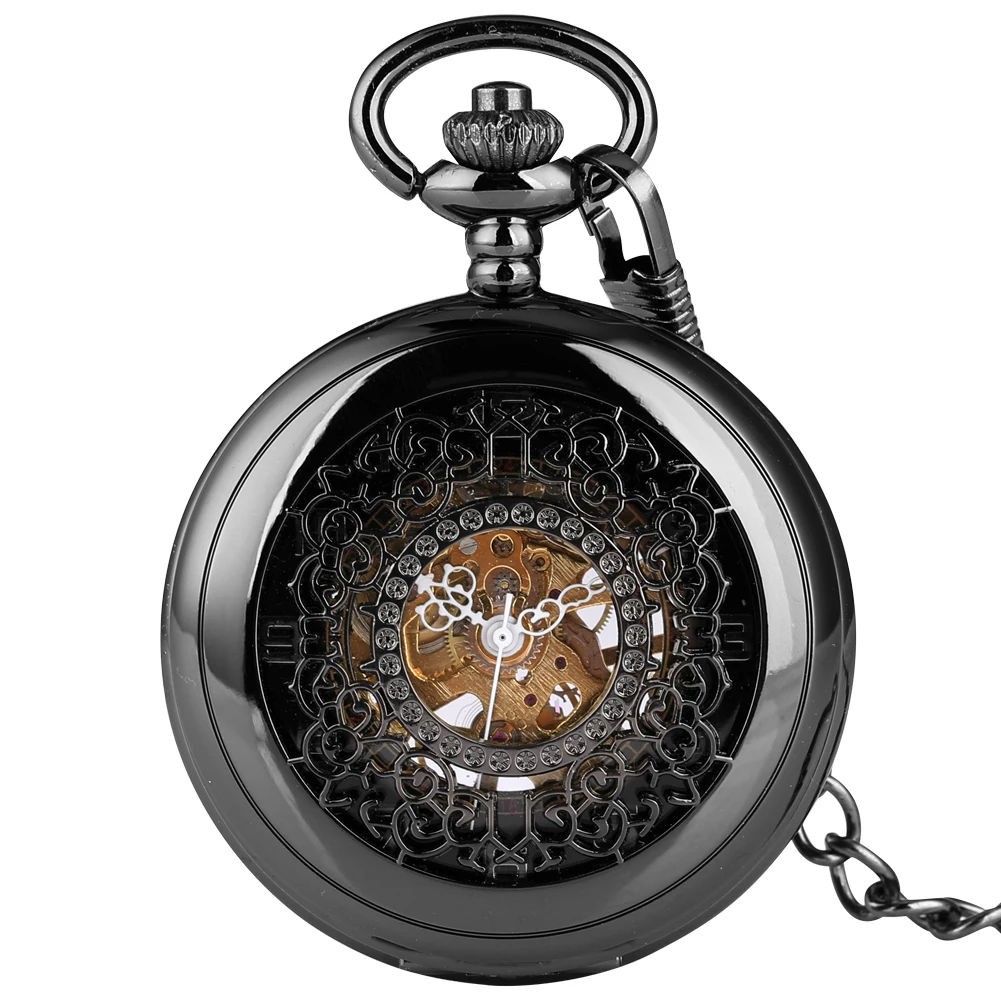 

Classic Elegant Black Hollow Pocket Watch Hand Winding Mechanical Fob Watch Men Women Necklace Chain Clock Accessory Gift