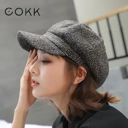 COKK Autumn Winter Wool Newsboy Cap Fashion Hats for Women Female Winter Cap Girl Visor Travel Beret Thick Warm Vintage Bonnet