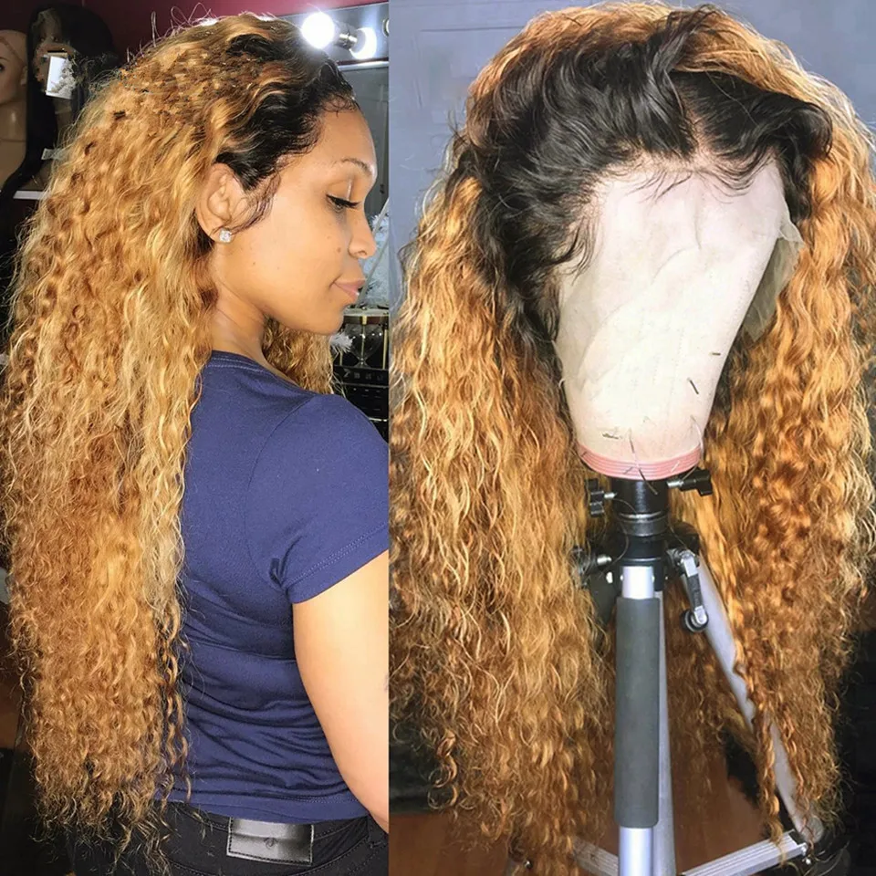 Honey Blonde Ombre Colored 13x6 Lace Front Wig Human Hair Wigs 5x5 Silk Base Brazilian Remy Curly Wig 180 Density Pre Plucked